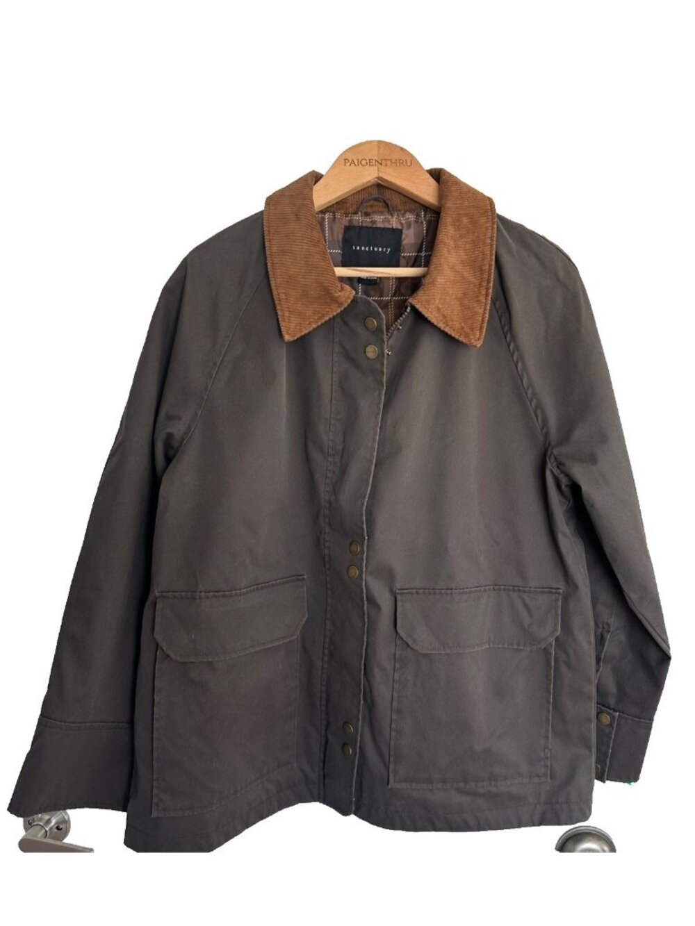 Sanctuary Women's LG Dark Brown Waxed Cotton Barn Coat Corduroy Collar